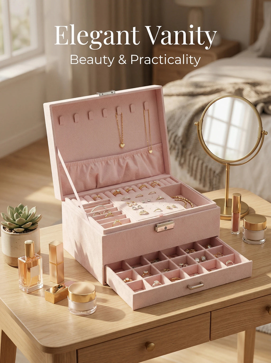 A Luxurious Dark Green Jewelry Storage Box, Designed Specifically Exquisite Three-tiered Drawer-style Jewelry Box