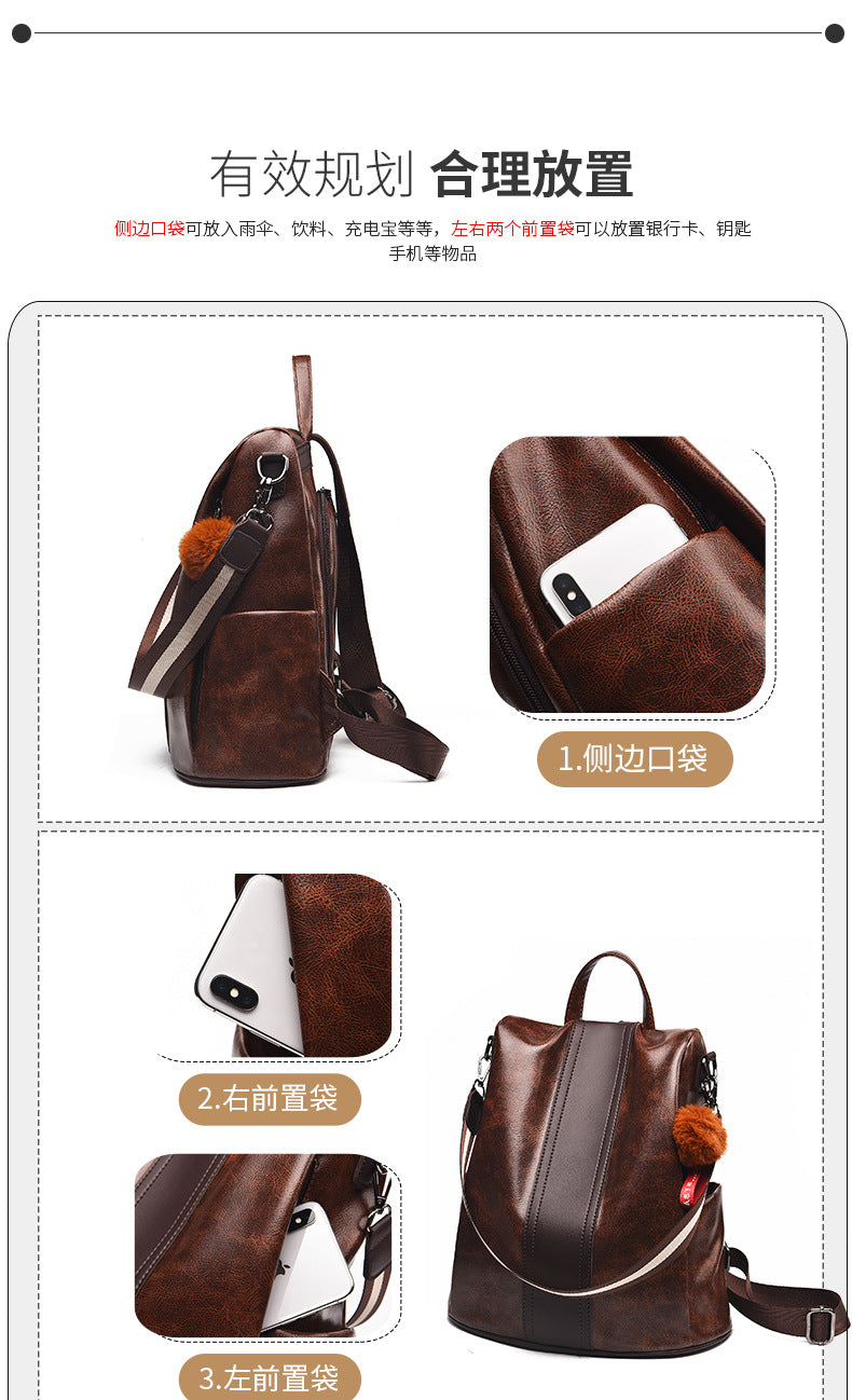 Anti-Theft Backpack Women's New Fashion Soft Leather Bag Commuting Large Capacity Small School Bag Lightweight Travel Backpack