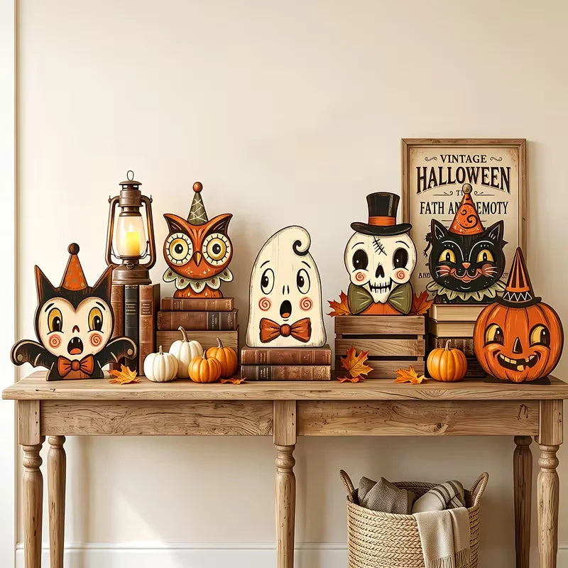 Halloween interior decoration, vintage wooden blocks for shelf decoration, housewarming gifts