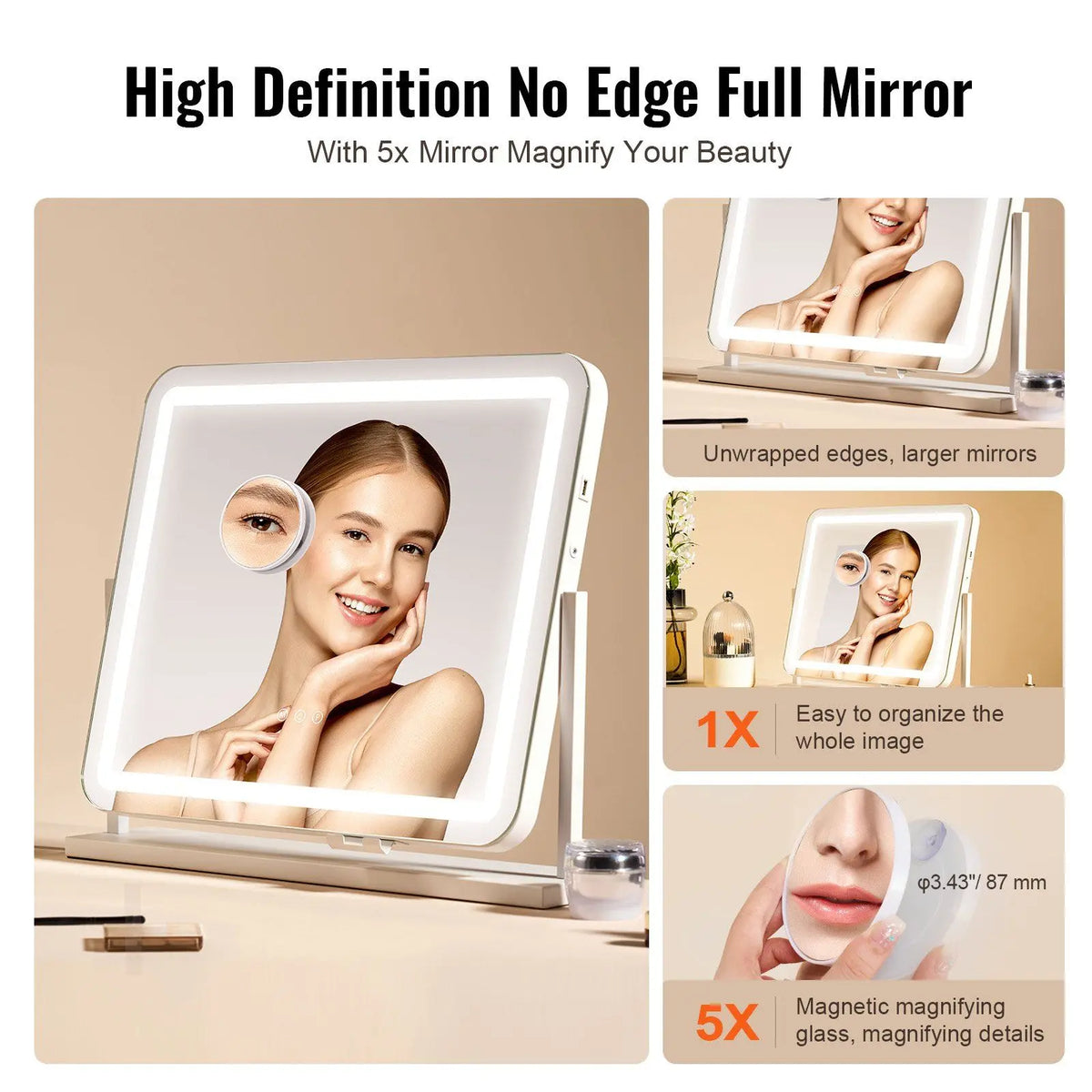 5X Magnification LED Vanity Mirror with Three Color Lighting Modes Smart Touch CO USB Port Lighted Makeup-for Home or Travel