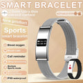 Smart bracelet with features listed on a beige background