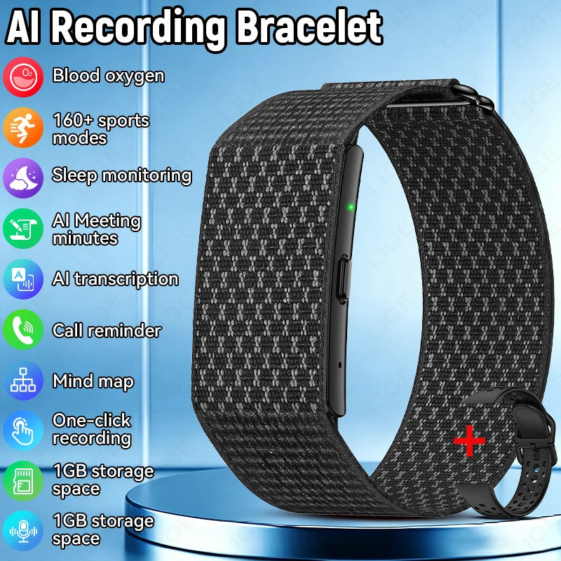 Heart Rate Monitor Smart Bracelet AI Recording 79 Languages 1GB Memory 160+ Modes IP67 Waterproof Sport Fitness Sports Band