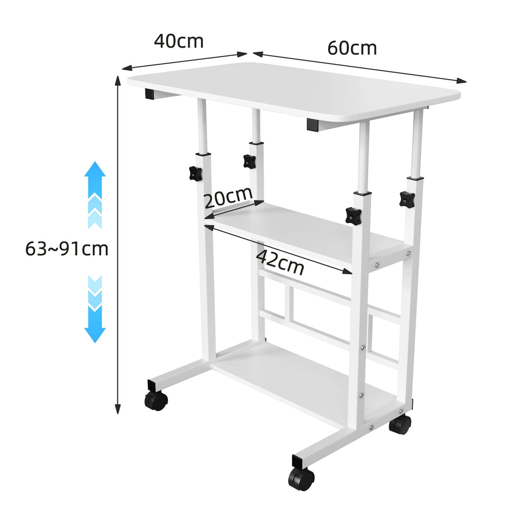 Side Table, Height-adjustable Computer Desk with Casters, 3 Shelves, Standing Desk for Bedroom, Living Room, 60x40x90cm