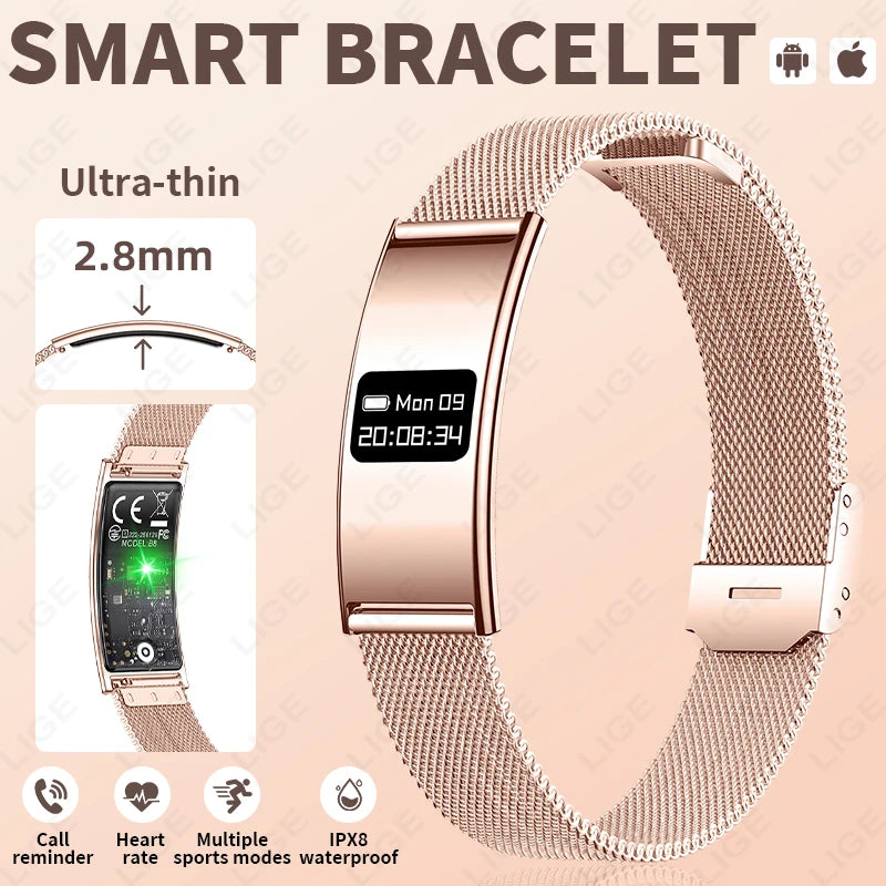 Rose gold smart bracelet with a thin mesh metal band, shown on a light beige background with feature callouts including 2.8mm thickness, smartphone display compatibility, and icons for call reminder, heart rate, multiple sports modes, and IP68 waterproof.