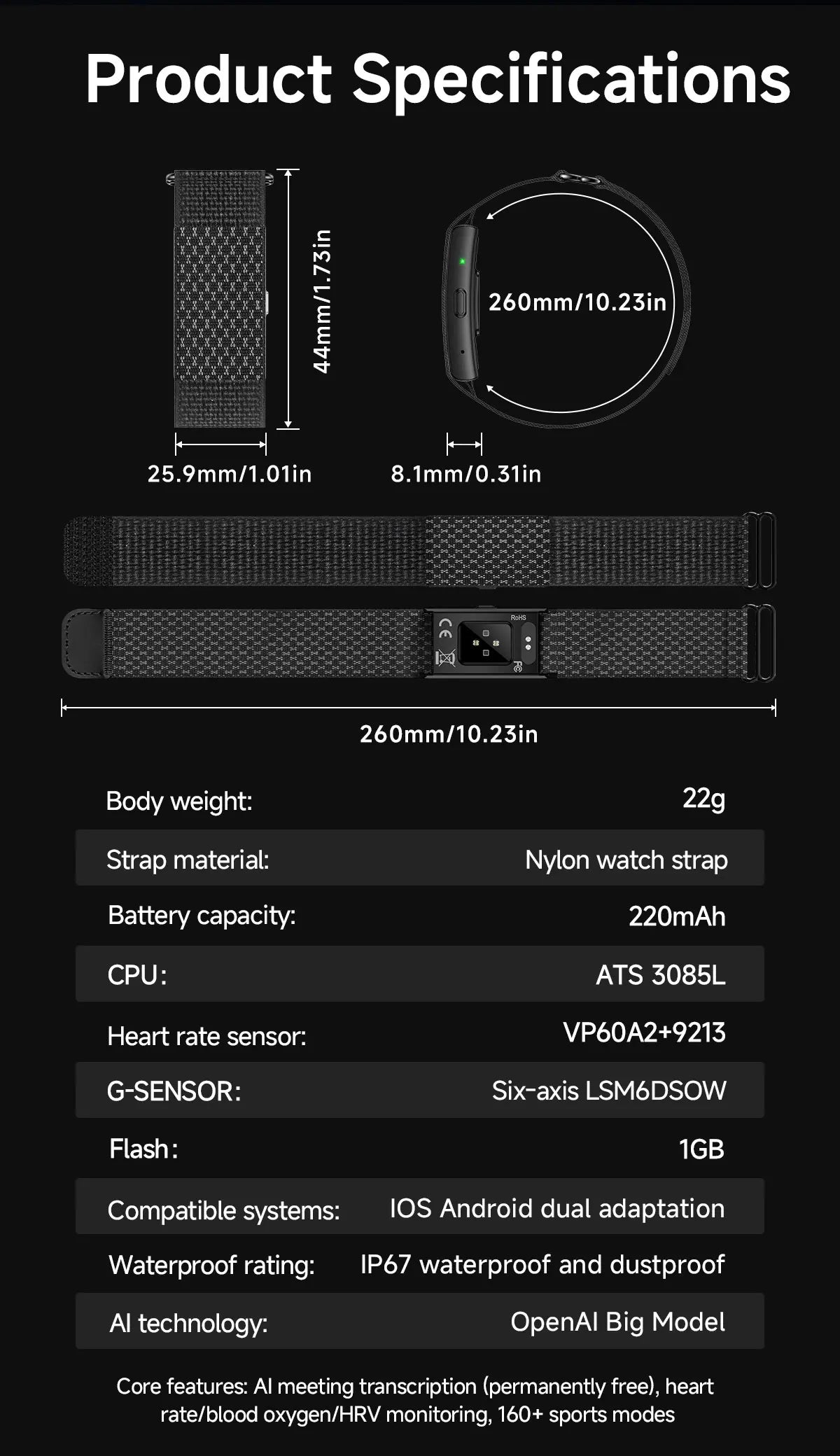 Heart Rate Monitor Smart Bracelet AI Recording 79 Languages 1GB Memory 160+ Modes IP67 Waterproof Sport Fitness Sports Band