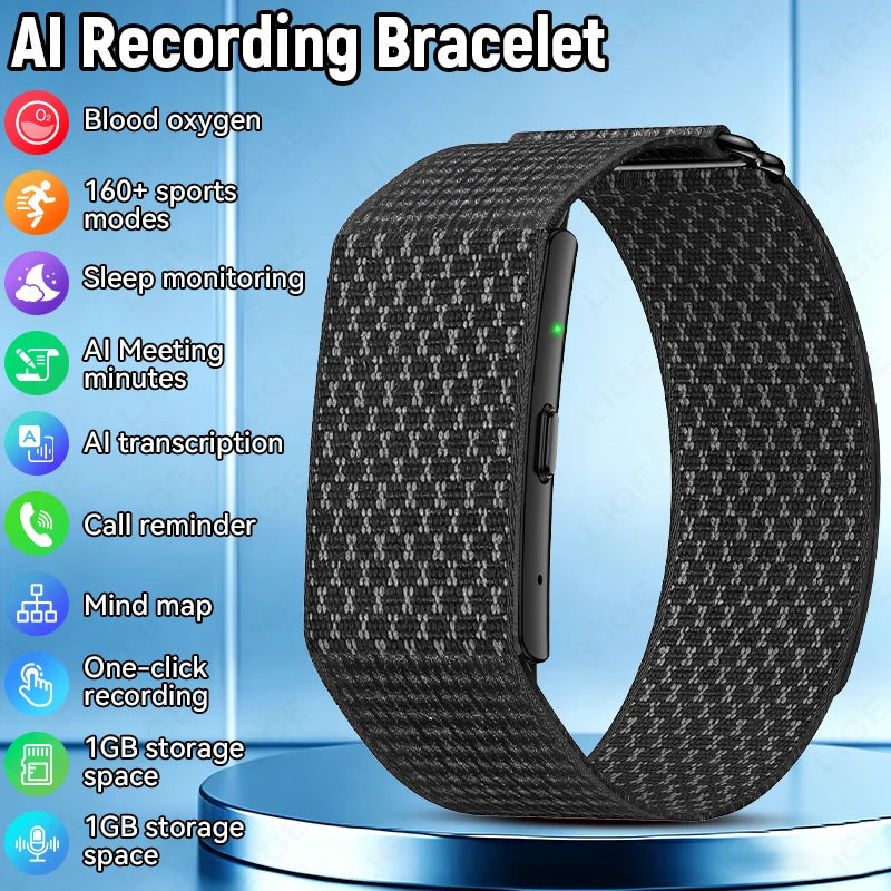 Black AI smart bracelet with a patterned fabric band, shown on a blue pedestal with feature icons and text listing blood oxygen, 160+ sports modes, sleep monitoring, AI meeting minutes, AI transcription, call reminder, mind map, and one-click recording.