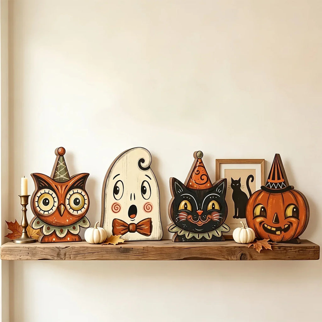 Halloween Decor Indoor,Retro Wooden Block for Shelf Decoration,Cute Ghost,Pumpkin,Black Cat,Skeleton,Witch Owl,Housewarming Gift