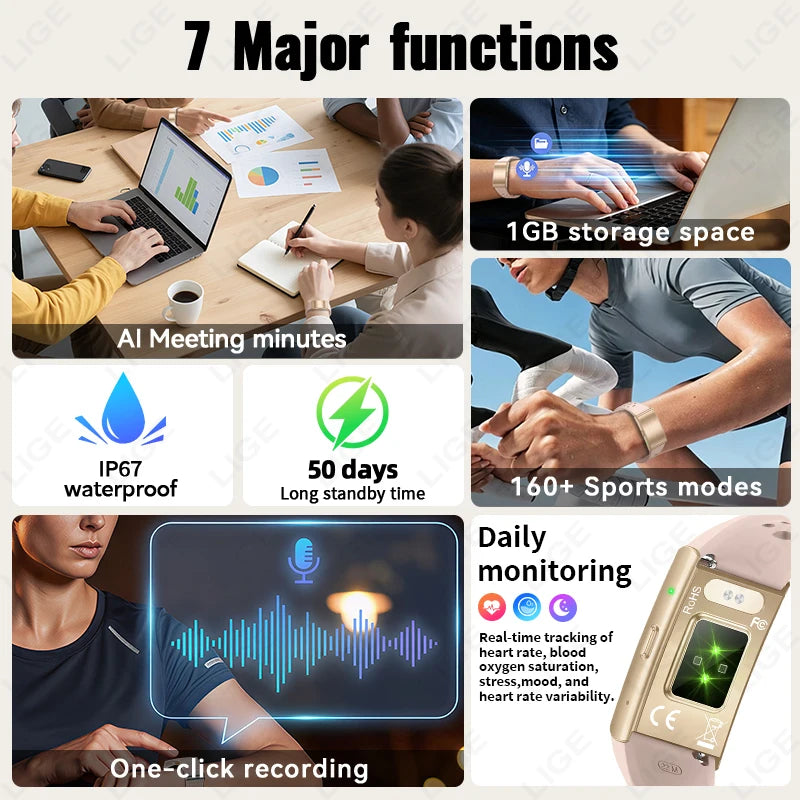 Heart Rate Monitor Smart Bracelet AI Recording 79 Languages 1GB Memory 160+ Modes IP67 Waterproof Sport Fitness Sports Band