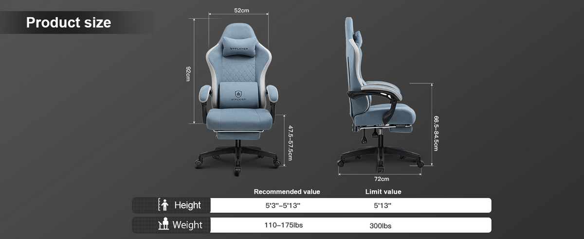 GTPLAYER Gaming Stuhl Ergonomischer Gaming Sessel Schreibtischstuhl mit Stoffoberfläche, Federsitzkissen, Verbindungsarmlehnen